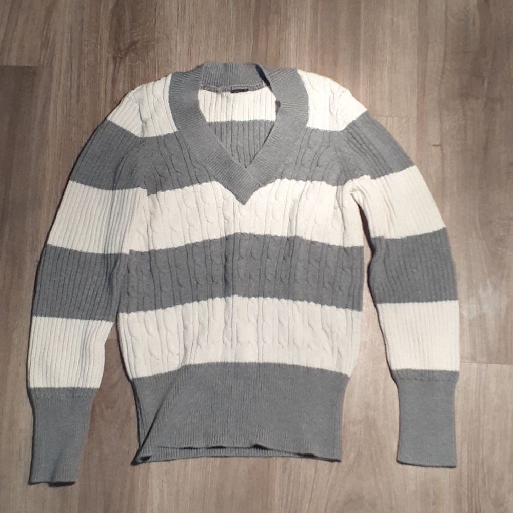 J Crew Grey and White Striped Sweater Medium Vneck